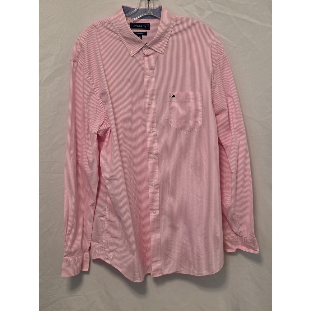 Crown & Ivy Mens XL Classic Fit Shirt Pink White Pinstripe Long Sleeve